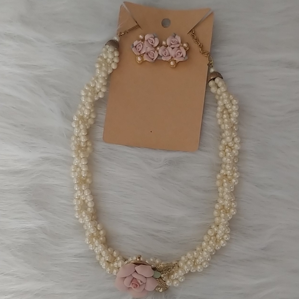 Vintage handmade clay Rose necklace and post earri
